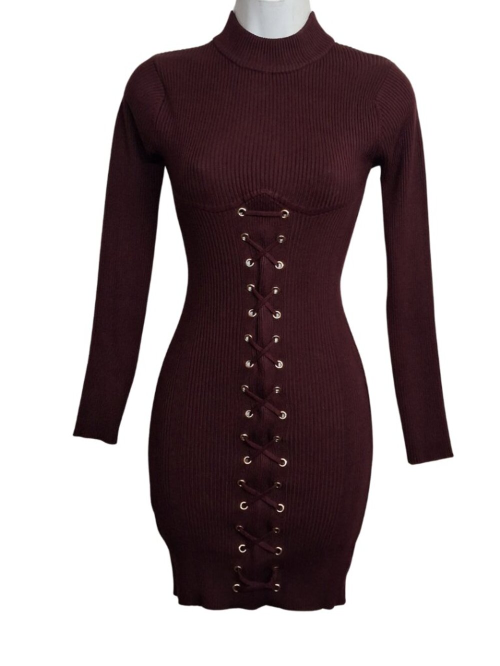 SAY WHAT Lace Up Bodycon Dress Ribbed Burgundy Long Sleeve Cocktail Small
